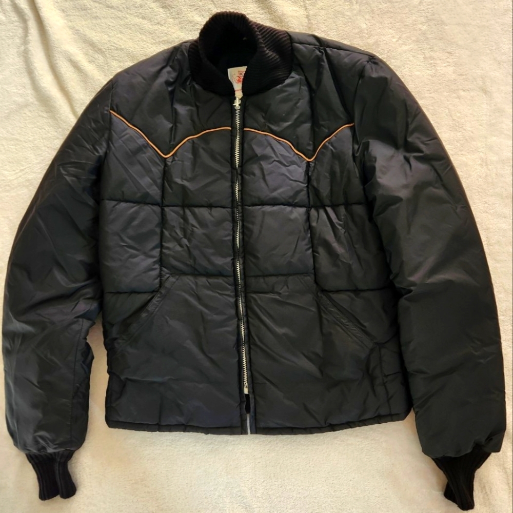 VINTAGE Black & Tan Puffer Jacket w/ High Collar & Quilted Design - LIKE NEW